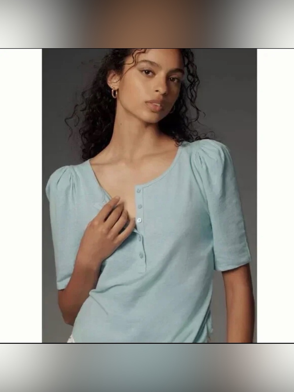 Anthropologie Puff Sleeve Short Sleeve Henley Top  Wedgewood